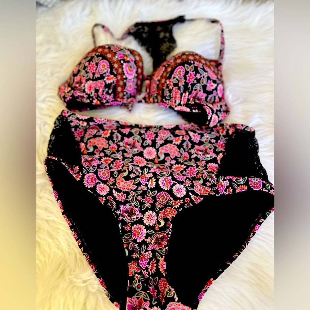 ASO Taylor Swift Black with Pink Floral Bikini Top High Waisted Bottom Size S-M